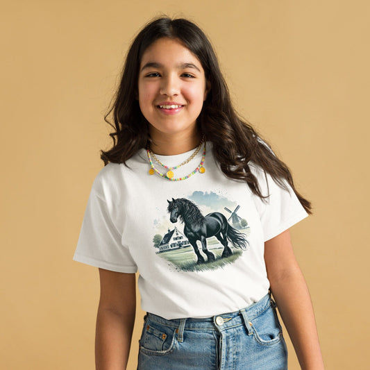 Friesenpferd auf der Weide – Aquarell – Mädchen T-Shirt