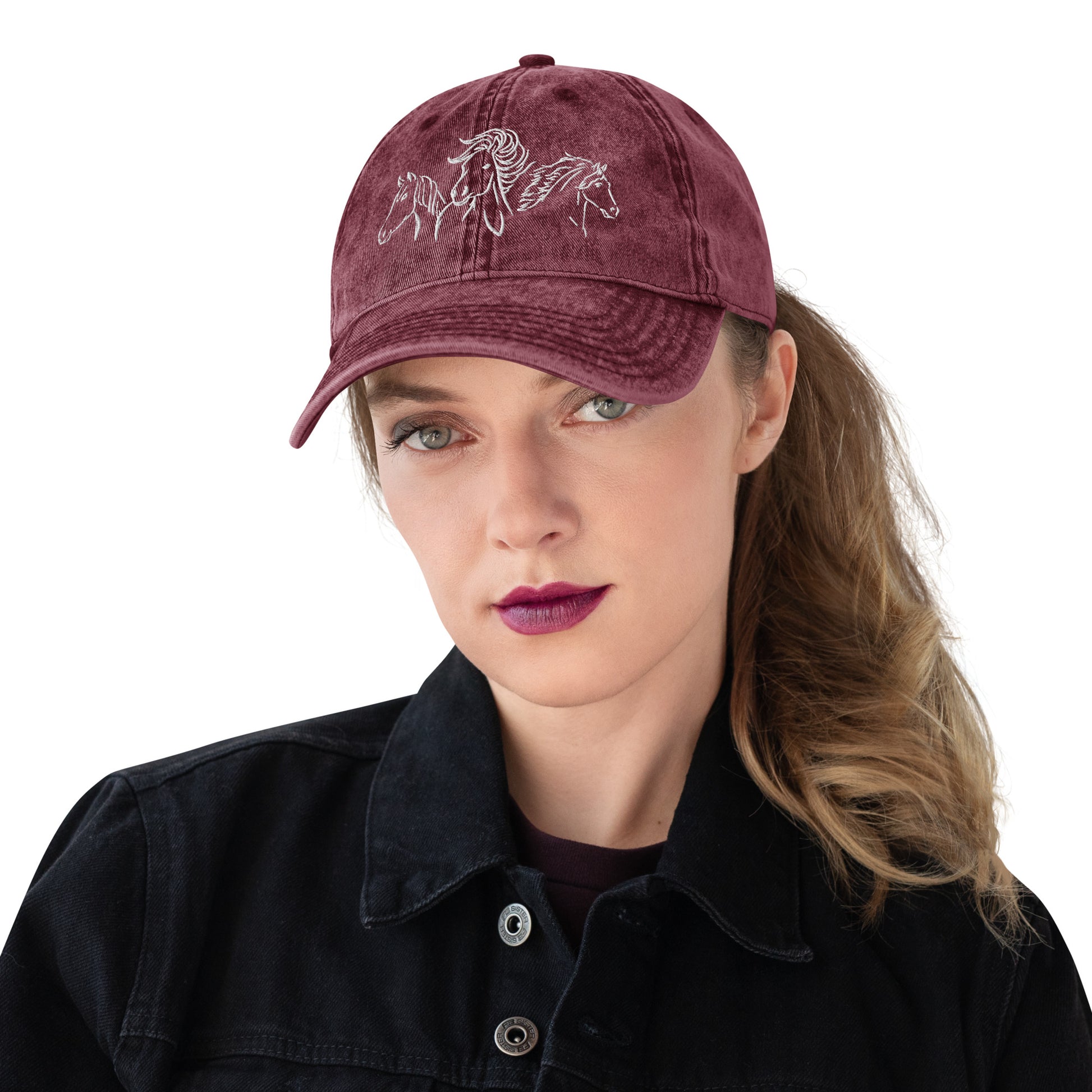 Drei Pferde - bestickte Vintage Baumwoll-Cord Cap - 100% Baumwolle