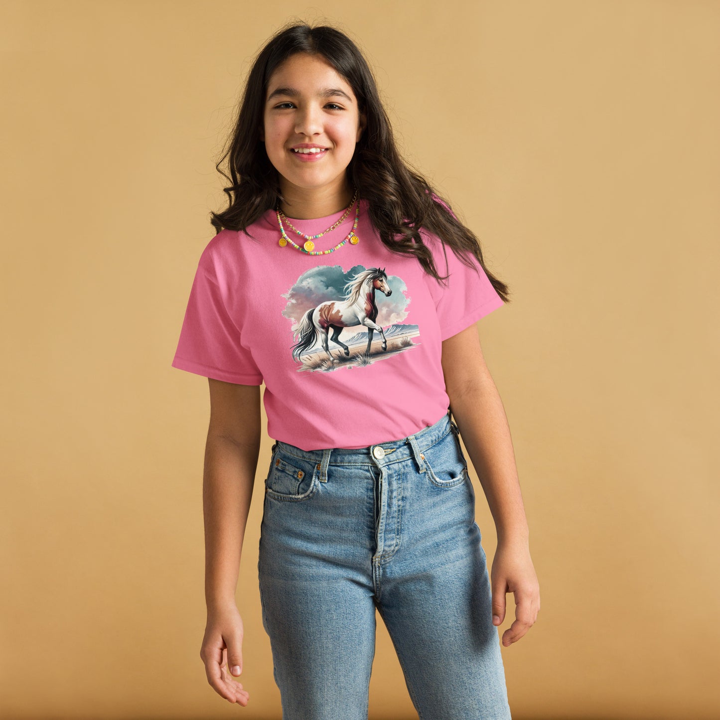 Wilder Mustang - Mädchen T-Shirt - Aquarell - 100% Baumwolle