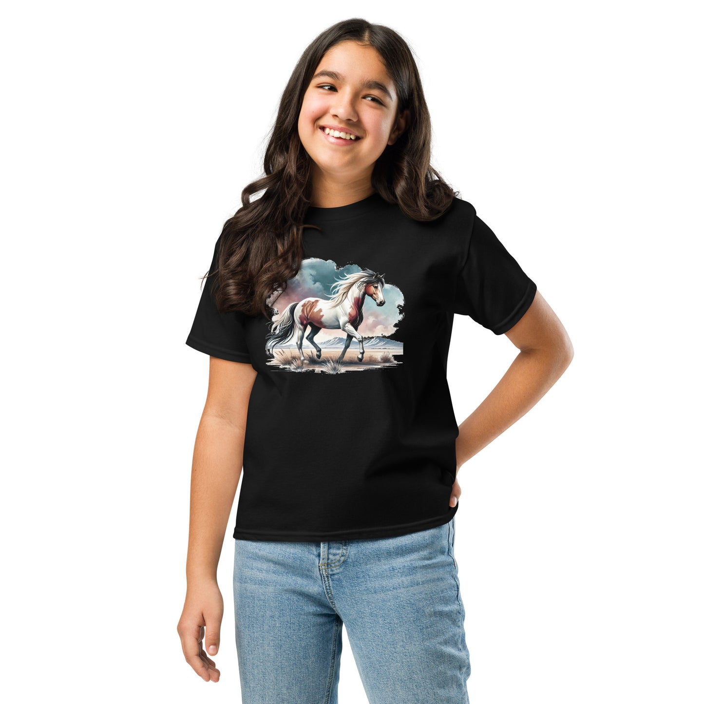 Wilder Mustang - Mädchen T-Shirt - Aquarell - 100% Baumwolle