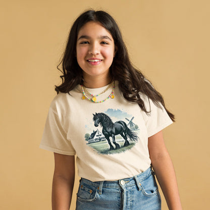 Friesenpferd auf der Weide – Aquarell – Mädchen T-Shirt