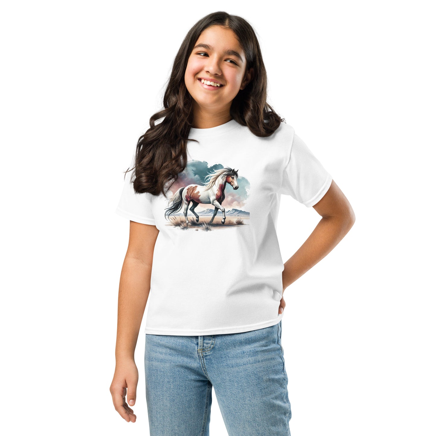 Wilder Mustang - Mädchen T-Shirt - Aquarell - 100% Baumwolle